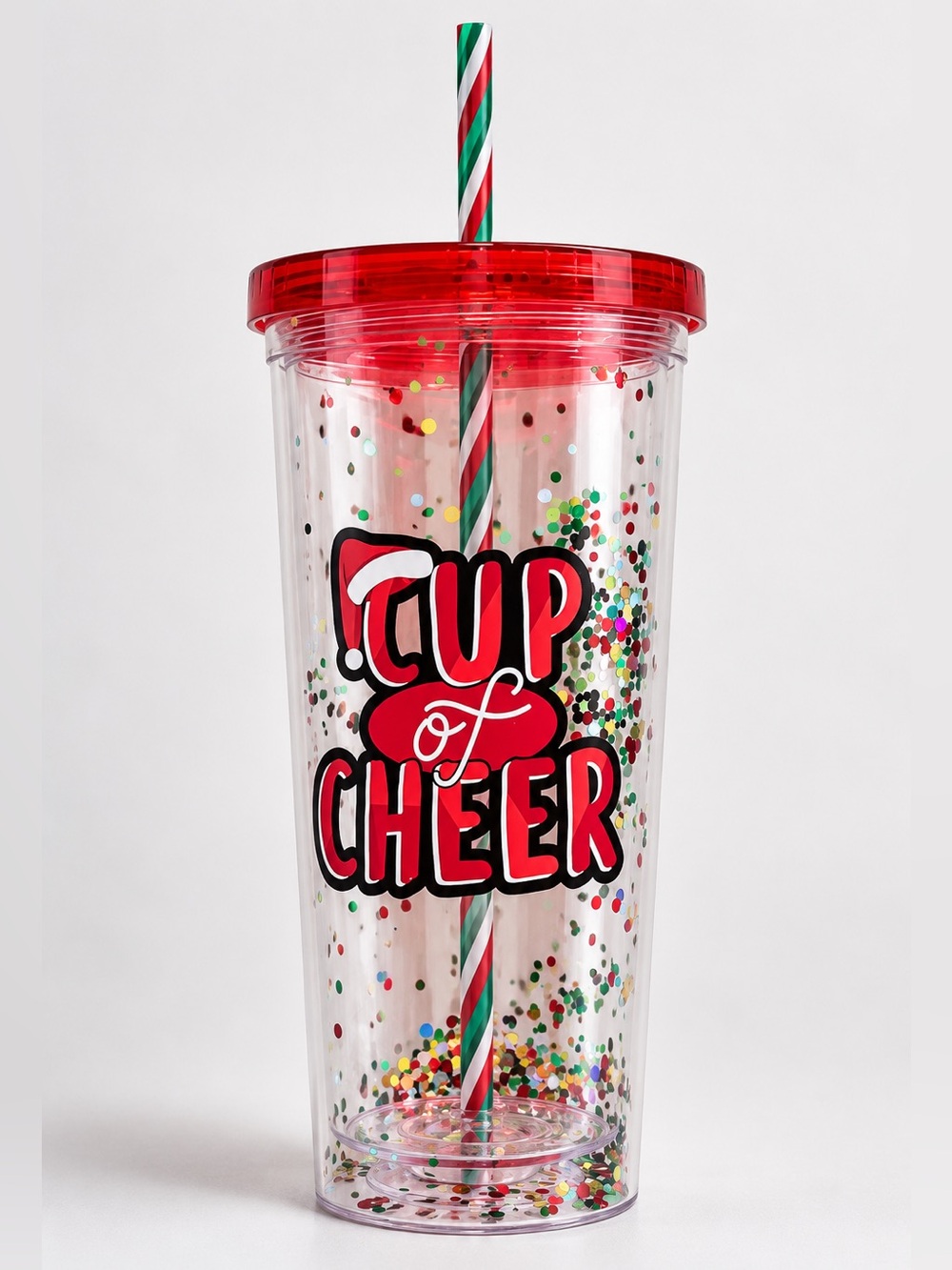 Christmas Holiday Plastic Cold Cup Of Cheer Confetti Glitter 20oz Travel Tumbler